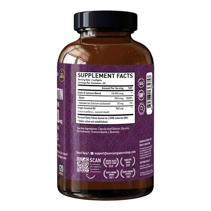 Pure Biotin with Calcium 10,900mcg - 120ct Nano Singapore